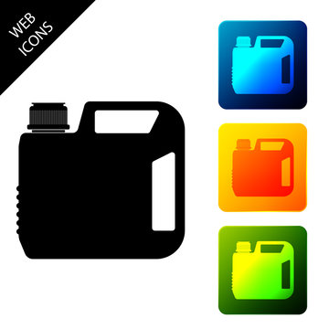 Plastic canister for motor machine oil icon isolated. Oil gallon. Oil change service and repair. Engine oil sign. Set icons colorful square buttons. Vector Illustration
