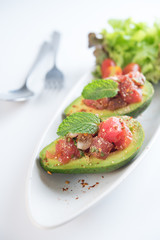 Spicy Bluefin Tuna Tartare with avocado in Thai style serve.