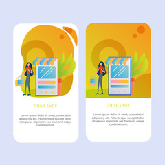Set of Online shop Mobile pages template for online shop, marketing, sales and sosial media. Modern flat design concept. Web page design for website and mobile website. Flat vector illustration.shop.
