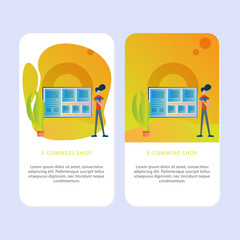 Set of Online shop Mobile pages template for online shop, marketing, sales and sosial media. Modern flat design concept. Web page design for website and mobile website. Flat vector illustration.shop.