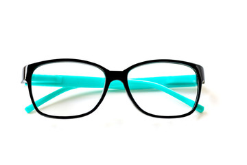 close up of eyeglasses in black and blue colors isolated on white background.