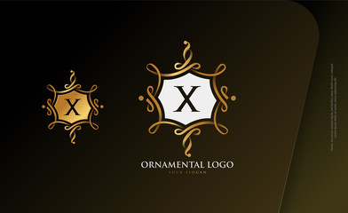 letter X monogram with 3d gold baroque style swirl ornament logo template collection