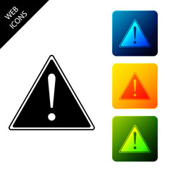 Exclamation mark in triangle icon isolated. Hazard warning sign, careful, attention, danger warning important sign. Set icons colorful square buttons. Vector Illustration