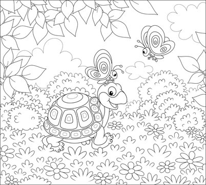 Friendly smiling turtle playing with butterflies on grass of a forest glade on a wonderful summer day, black and white vector illustration in a cartoon style for a coloring book
