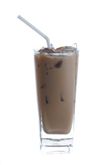 Iced coffee latte in long glass on white background