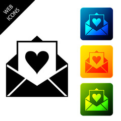Envelope with Valentine heart icon isolated. Letter love and romance. Set icons colorful square buttons. Vector Illustration