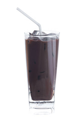Iced Cocoa cool drink in long glass on white background