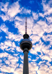 A view of the television tower (Fernsehturm) over the city of Berlin, Germany at sunset.
