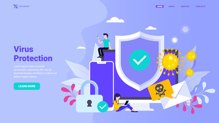 Fototapeta na wymiar Virus protection, antivirus, firewall, anti hacker landing page concept. Flat vector illustration with tiny characters for landing page, web site, banner, hero image.