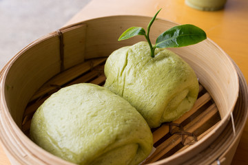 Green tea steamed stuff bun. Fragrant delicious to eat.