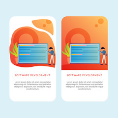 Set of Development Mobile pages template for development, mobile, shop and marketing. Modern flat design concept. Web page design for website and mobile website. Flat vector illustration. Easy edit.
