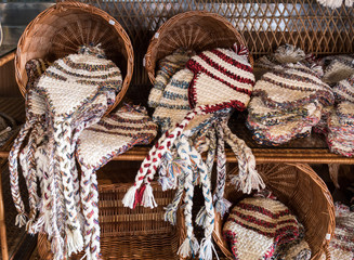   Traditional caps from Madeira in a street stall in Funchal. Madeira. Portugal