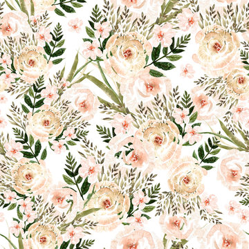 Beautiful Watercolor seamless pattern with roses flowers and herbs. 
