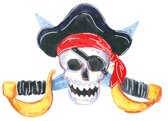 Set of pirate clipart. Skull and bones,pirate saber. Hand drawn watercolor illustration isolated on white.