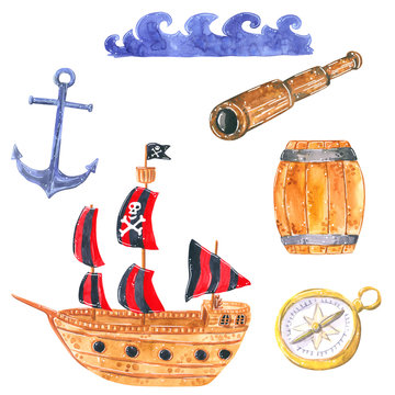 Set of pirate clipart. Pirate ship, anchor, Copper spyglass, Ocean waves. Hand drawn watercolor illustration isolated on white.