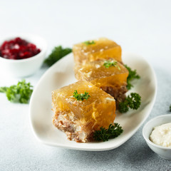 Festive meat jelly with sauces on white plate