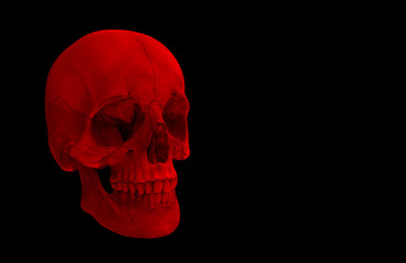 3d rendering. A horror Red halloween human head skull bone isolated on black background.