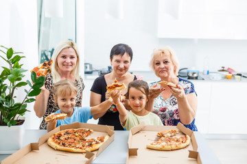 Family pizza . big family eating big pizza