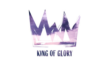 Christian worship and praise. Cloudy sky with crown and empty space. Text: KING OF GLORY