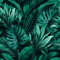 Tropical seamless pattern with exotic monstera, banana and palm leaves on dark background. - obrazy, fototapety, plakaty