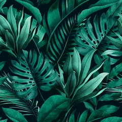 Behang Tropische print Tropisch naadloos patroon met exotische monstera, banaan en palmbladeren op donkere achtergrond.