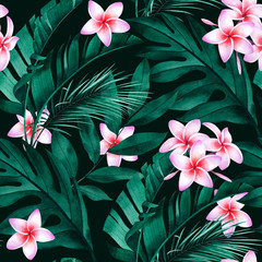 Obrazy na Szkle  Tropikalny wzór z kwiatów plumeria, egzotycznych monstera, bananów i liści palmowych na ciemnym tle.