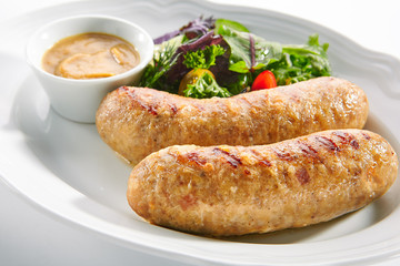 Bavarian Sausages for Frying with Mustard Sauce and Mixed Salad