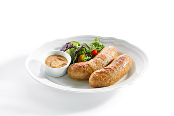 Bavarian Sausages for Frying with Mustard Sauce and Mixed Salad