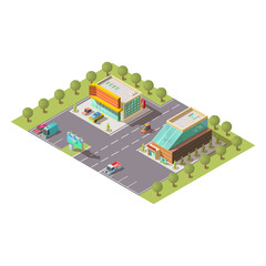 New car selling salon, passenger vehicle sale dealer showroom building exterior and parking isolated isometric vector. Modern city architecture, business real estate, cartography element illustration