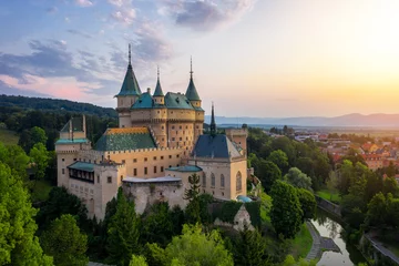 Fotobehang Aerial view of Bojnice medieval castle, UNESCO heritage in Slovakia. Romantic castle with Gothic and Renaissance elements built in 12th century. © radu79