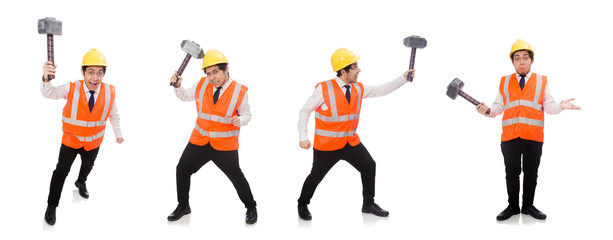 Construction worker with hammer isolated on white