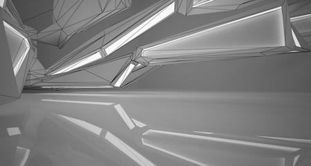 Abstract architectural white interior of a minimalist house with neon lighting. Drawing. 3D illustration and rendering.