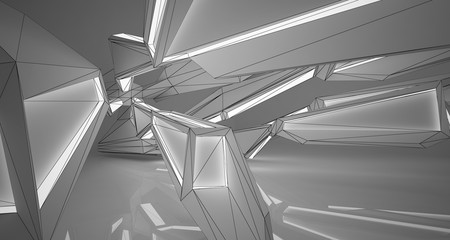 Abstract architectural white interior of a minimalist house with neon lighting. Drawing. 3D illustration and rendering.