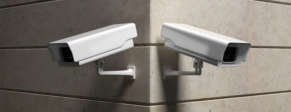 Surveillance cam,  CCTV system on marble wall. 3d illustration