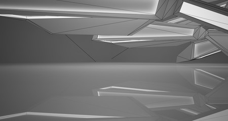 Abstract architectural white interior of a minimalist house with neon lighting. Drawing. 3D illustration and rendering.