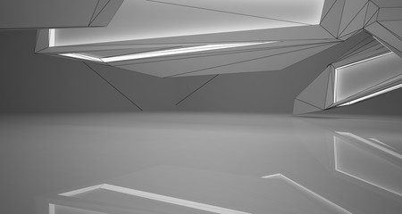 Abstract architectural white interior of a minimalist house with neon lighting. Drawing. 3D illustration and rendering.