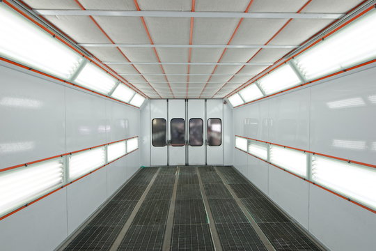 The interior of the spray booth for a cars