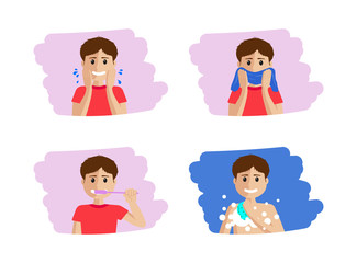 Man washes in the shower in the bathroom, cleaning teeth, washing face. Vector illustration in a flat style