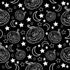 Halloween pumpkin, sketch stars and month white line on an orange background pattern vector illustration template for design and decoration
