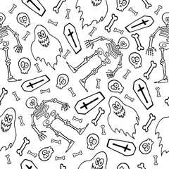 Halloween skeleton, ghost, skull and crossbones black line on a white background pattern vector illustration template for design and decoration
