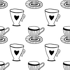 Black and white illustration of tea or coffee mugs. Seamless pattern for coloring book, page.