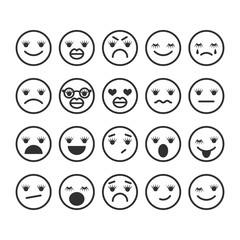 Girls emoji, emoticons with eyelashes and inflated lips. Emotional icons or symbols for communication, mood indicator.