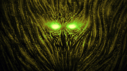 Terrible demon with burning eyes from hell. Illustration in the genre of fantasy. Green background color.