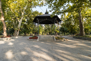 Autumn story: a large forged gazebo with steps in the center of