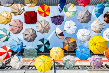 Colorful umbrellas as urban art in the city of Zürich, Switzerland