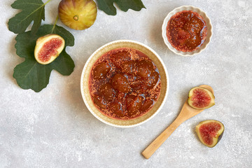 Homemade fig jam in a bowl. Top view