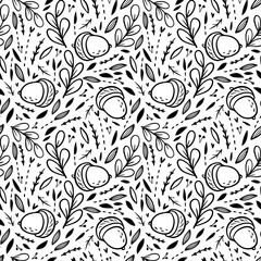 Coloring page with cartoon forest elements. Floral pattern with forest leaves, acorn, branches. Kawaii coloring book for adults and children