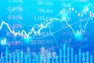 Stock market graph chart with parabolic indicator and market data in modern skyscraper on blue background, concept for stock trading and financial markets