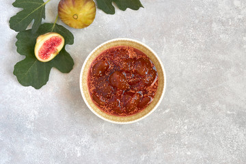 Homemade fig jam in a bowl. Top view