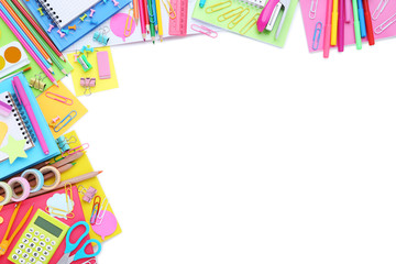 Different school supplies on white background